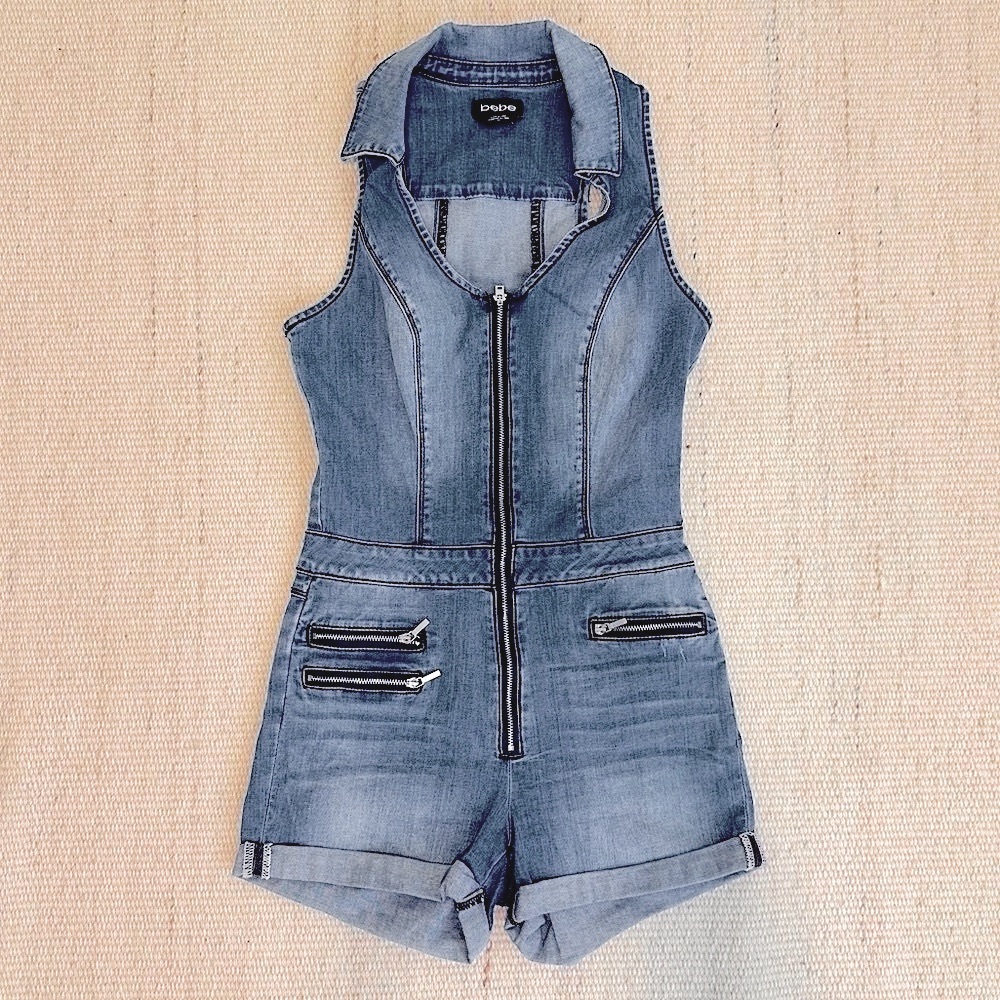 BEBE Denim Stretch Zip-Up Romper